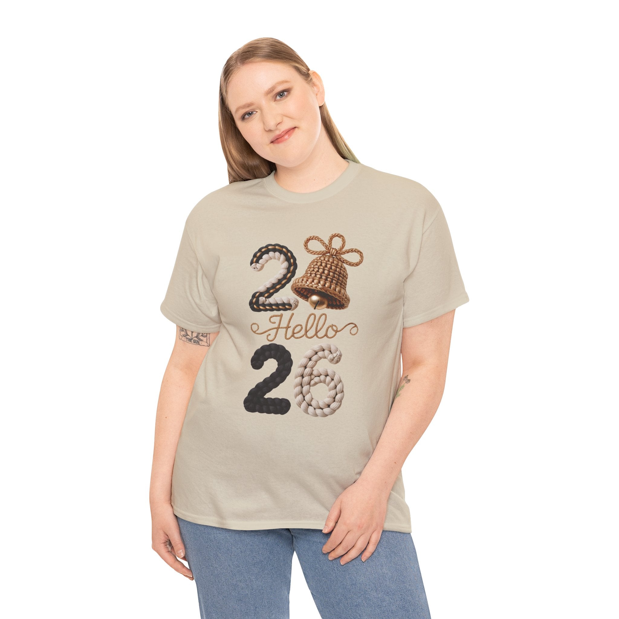 Hello 2026 Tee — Cozy Faux Yarn Braided Numbers with Woven Golden Bell..Unisex Cotton Tee