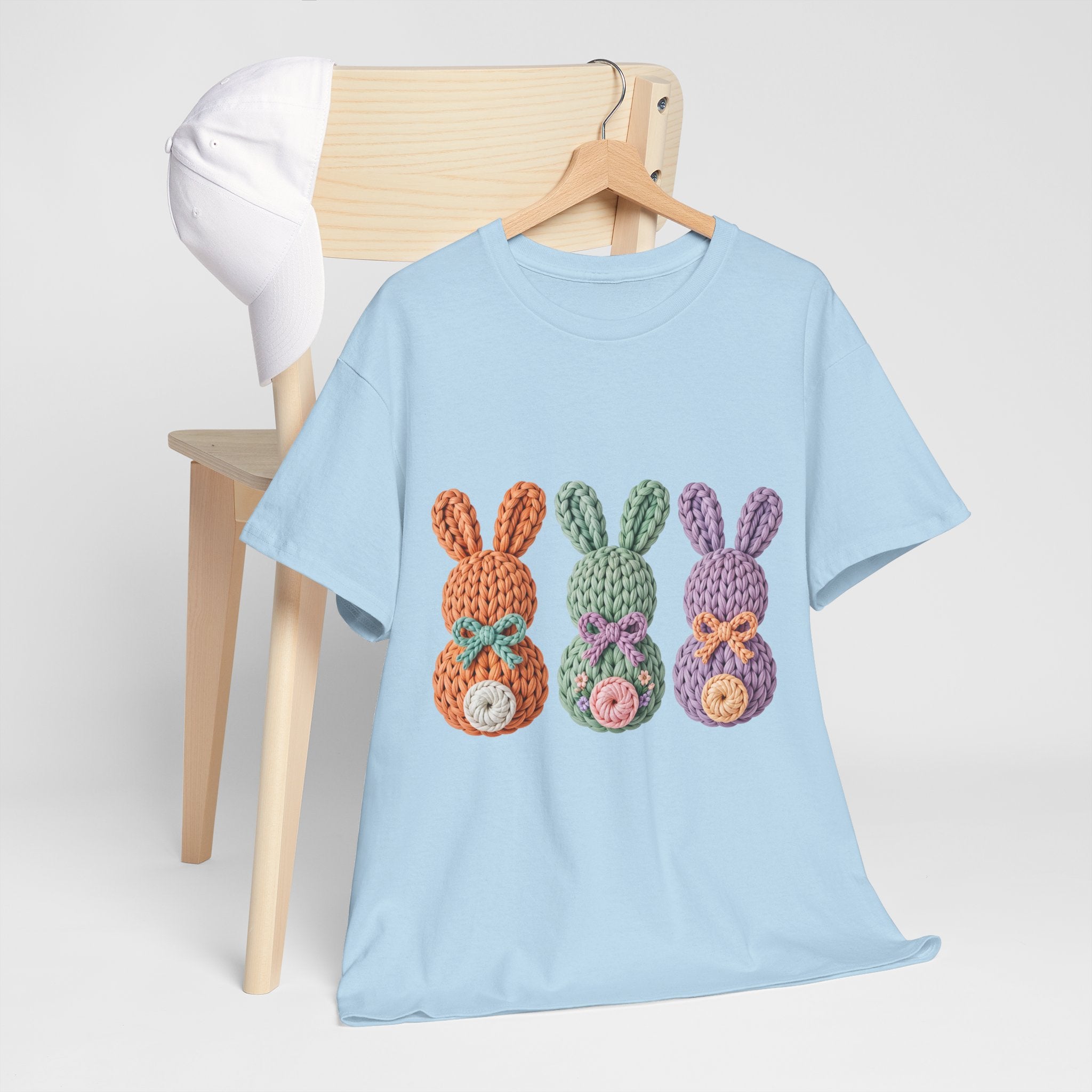 Pastel Crochet Bunny Tee — Trio of Faux Knit Bunnies with Bows & Flowers Unisex Cotton Tee