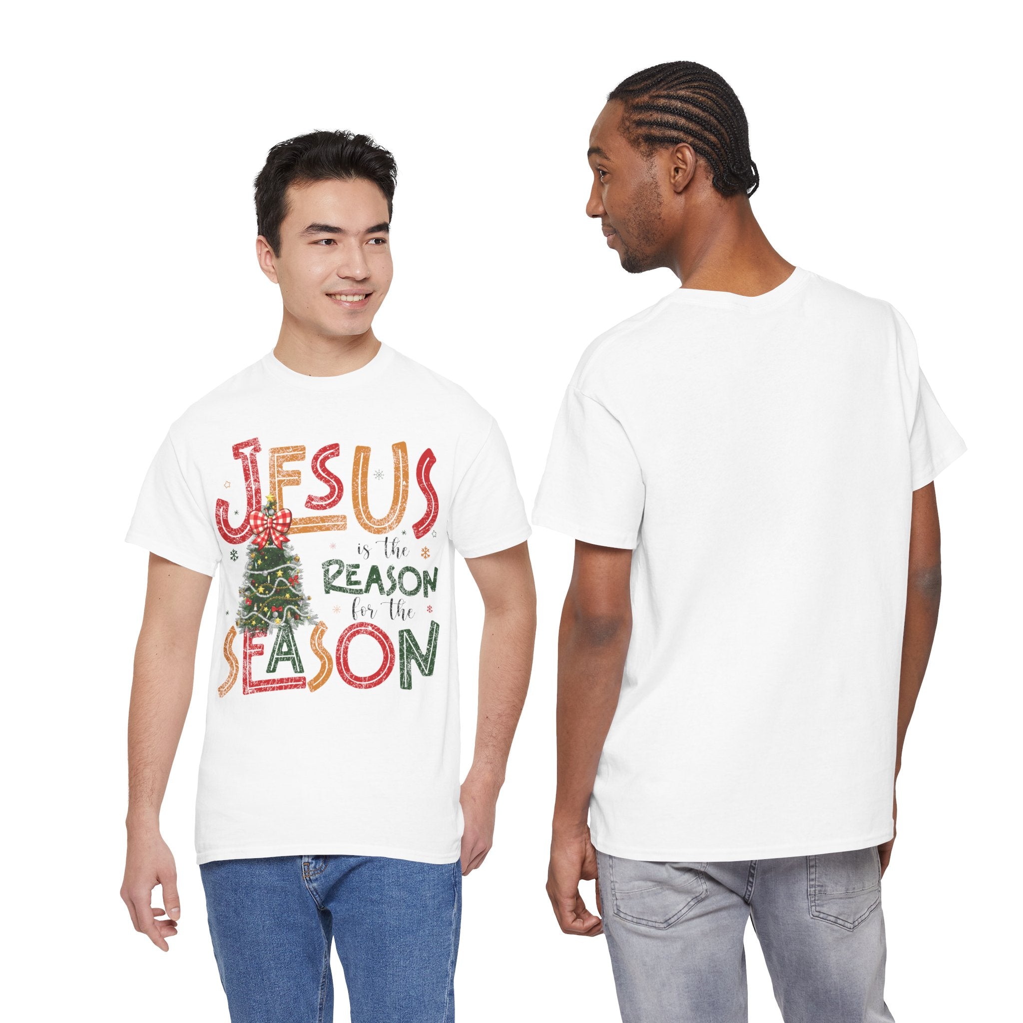 Jesus Is the Reason for the Season Christmas T-Shirt — Plaid Bow Tree..Unisex Cotton Tee