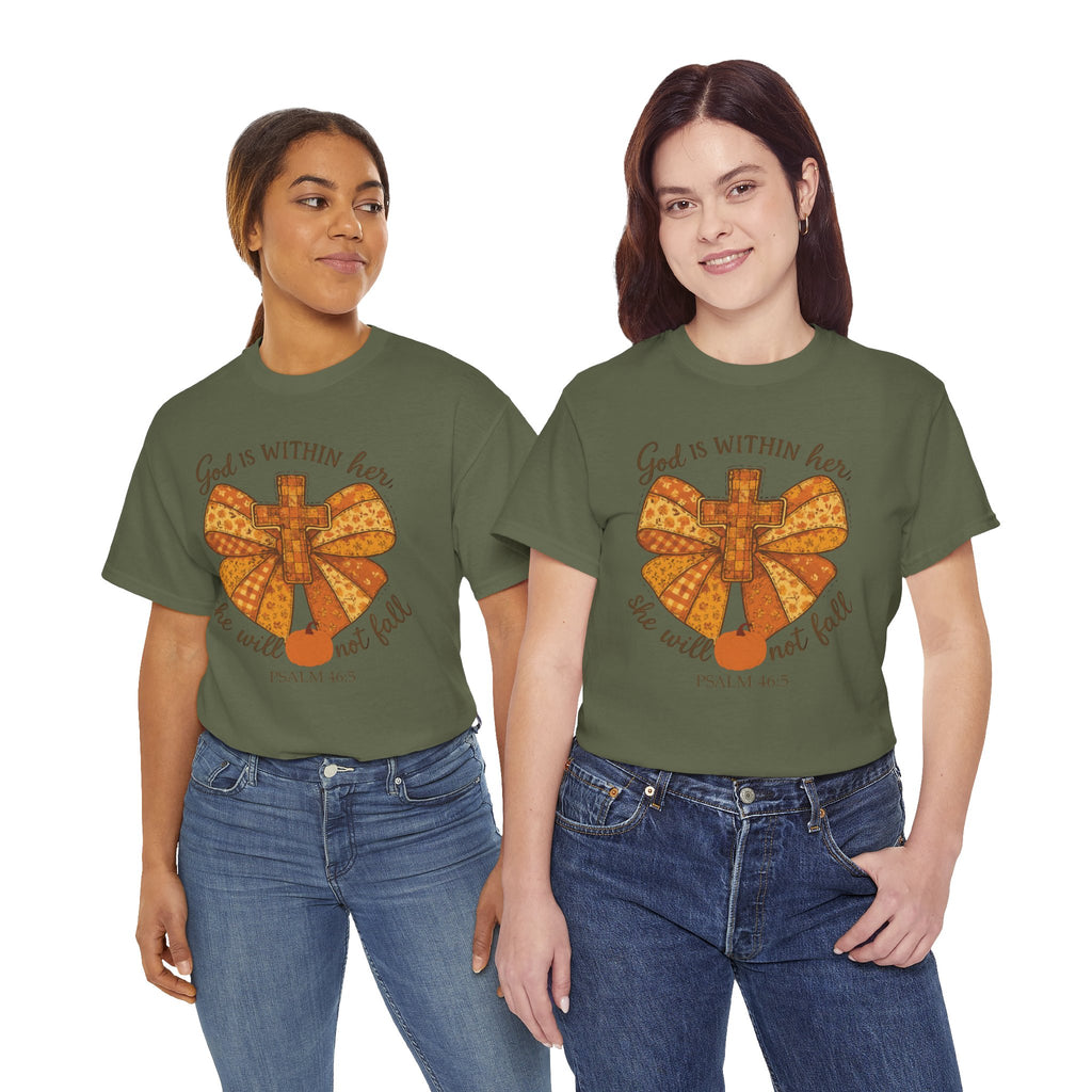 Psalm 46:5 Cross Patchwork Tee — Fall Bow Christian Unisex Cotton T-Shirt
