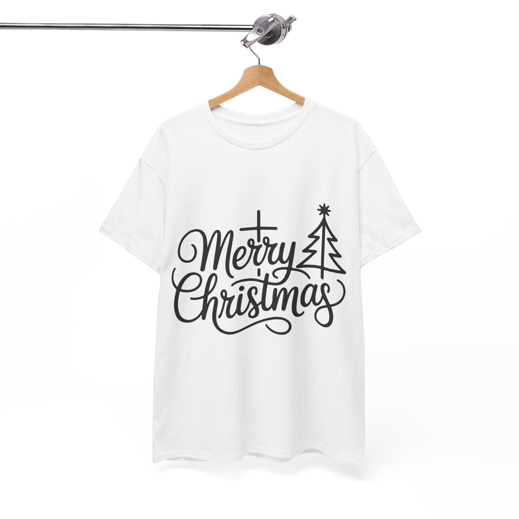 Merry Christmas Script T-Shirt with Cross & Tree(Unisex Cotton Tee)