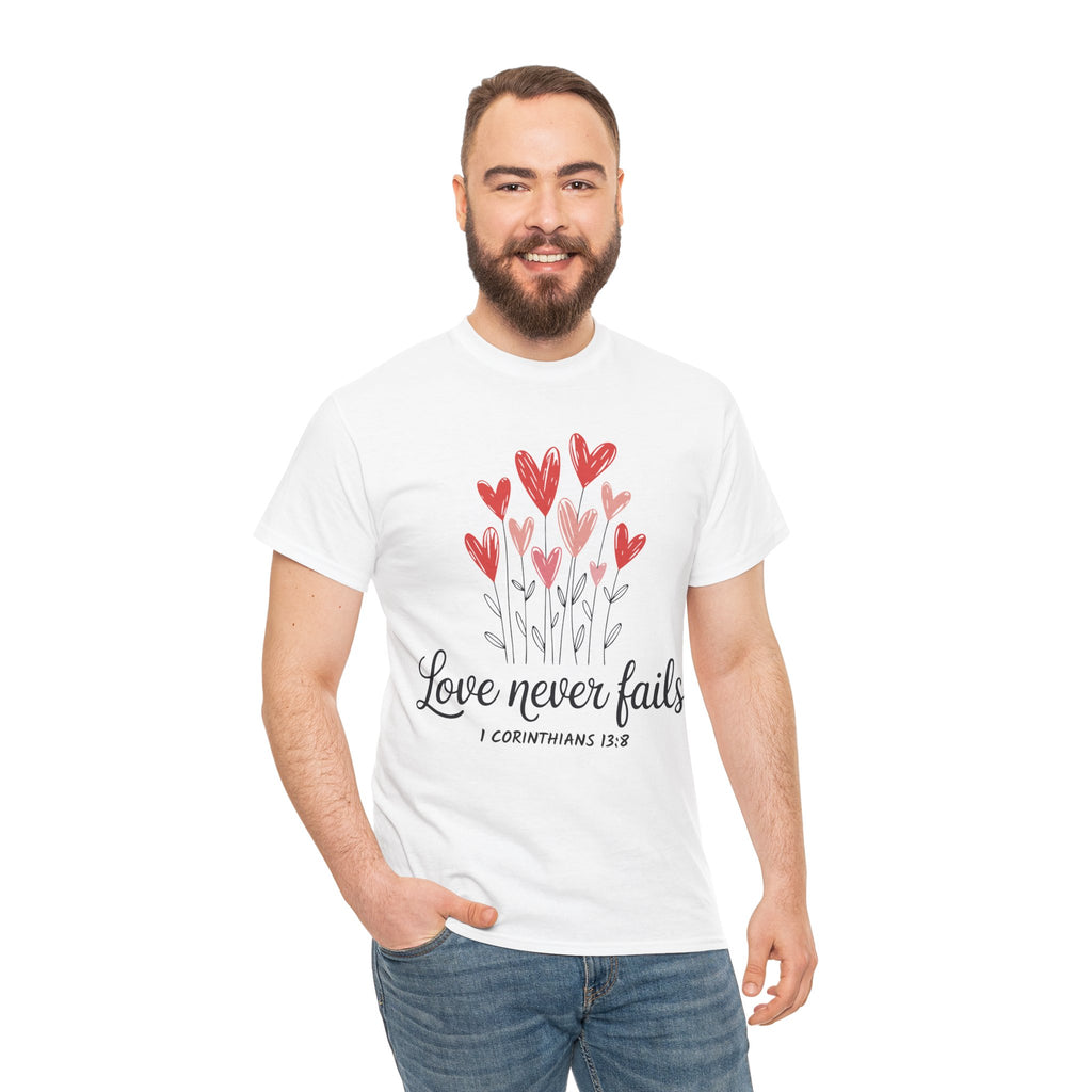 Christian Valentine T-Shirt — "Love Never Fails" (1 Corinthians 13:8) Unisex Cotton Tee