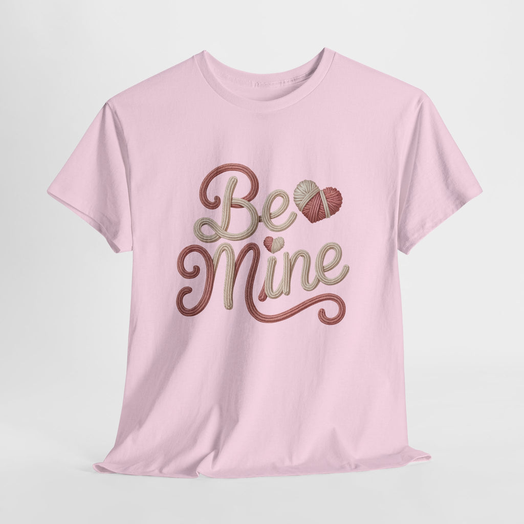 Be Mine Yarn Heart T-Shirt — Valentine’s Faux-Yarn Pink & Cream Unisex Cotton Tee