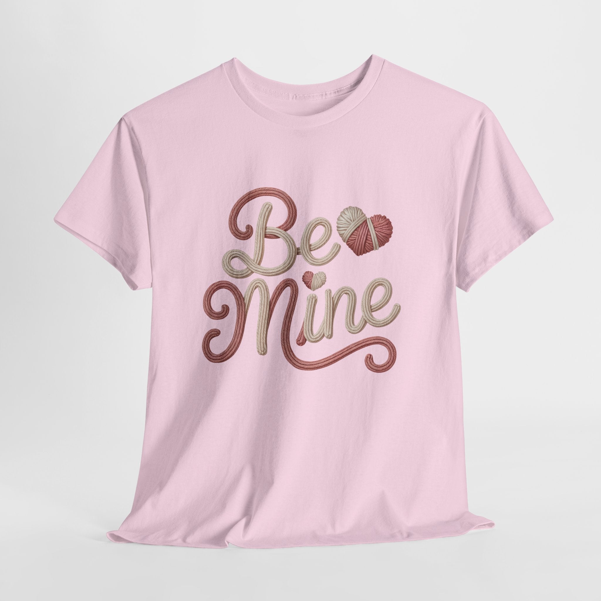 Be Mine Yarn Heart T-Shirt — Valentine’s Faux-Yarn Pink & Cream Unisex Cotton Tee