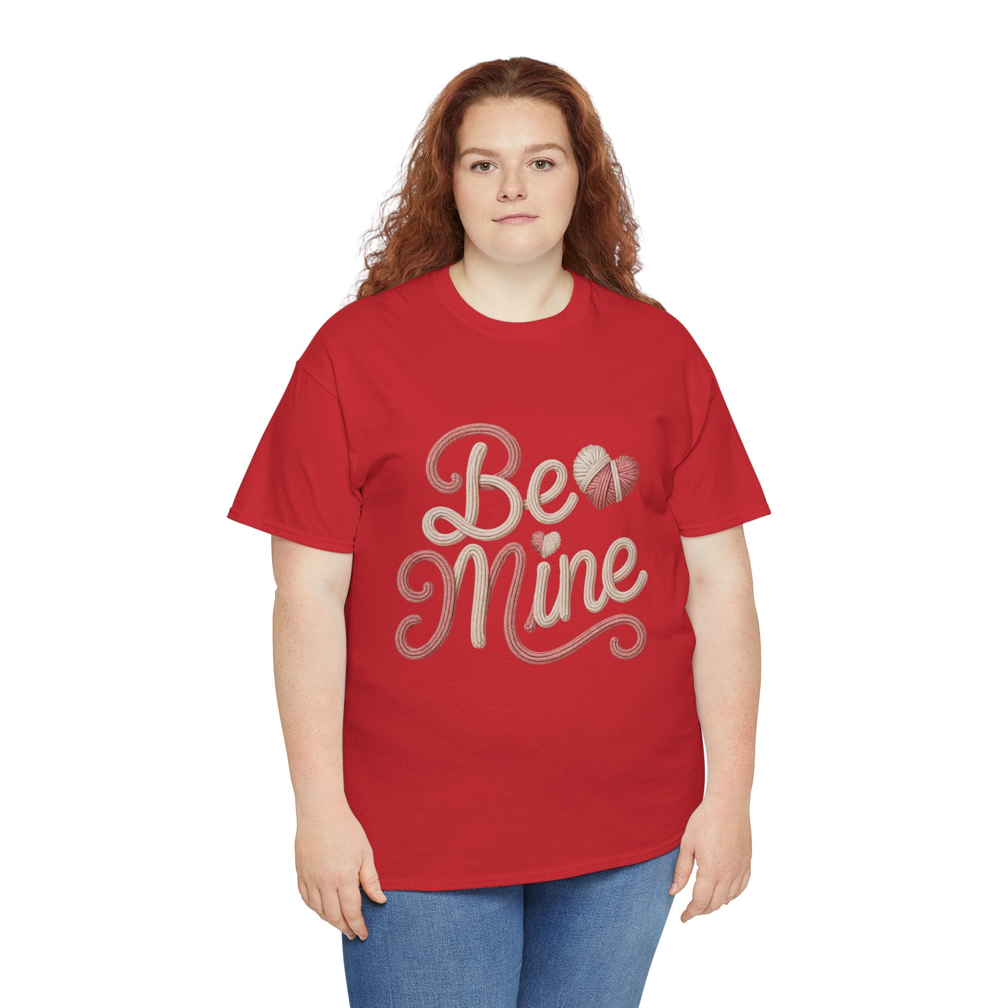 Be Mine Yarn Heart T-Shirt — Valentine’s Faux-Yarn Pink & Cream Unisex Cotton Tee