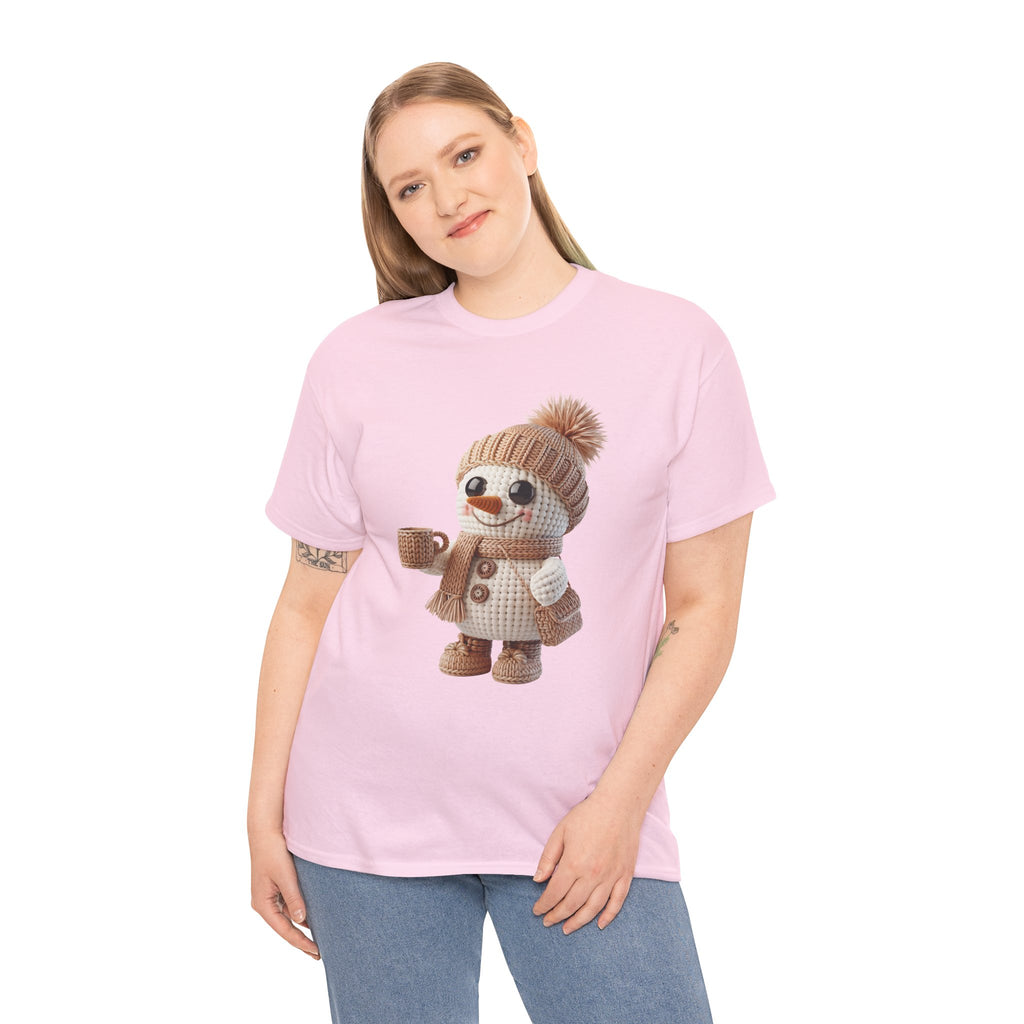 Cozy Snowman Tee — Smiling Snowman with Mug, Scarf & Beanie. Unisex Cotton Tee
