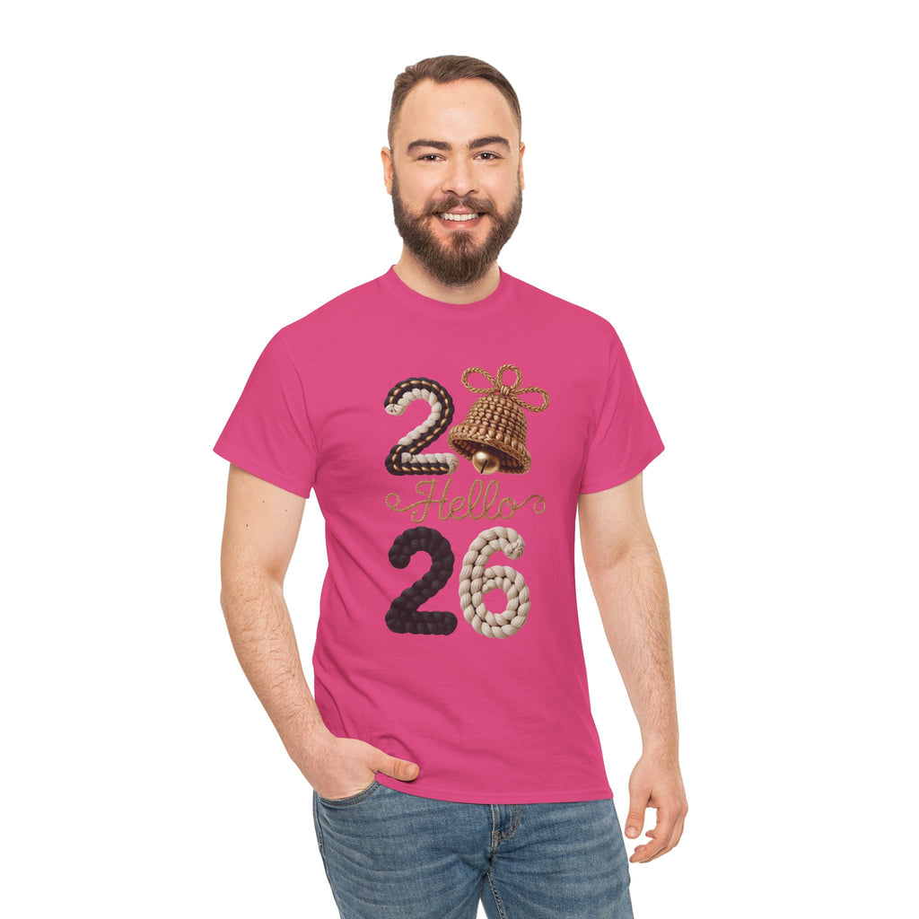 Hello 2026 Tee — Cozy Faux Yarn Braided Numbers with Woven Golden Bell..Unisex Cotton Tee