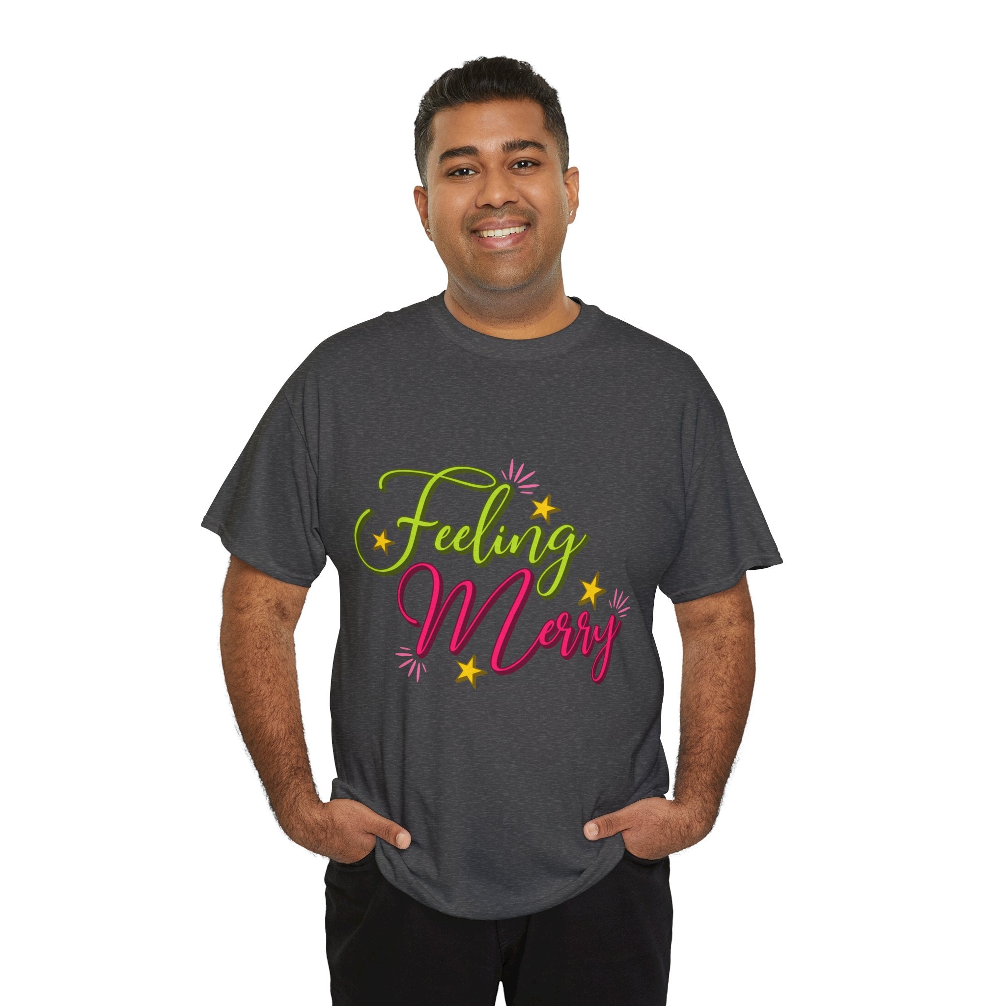 Feeling Merry T-Shirt — Bright Green & Pink Holiday Tee with Stars.Unisex Cotton Tee
