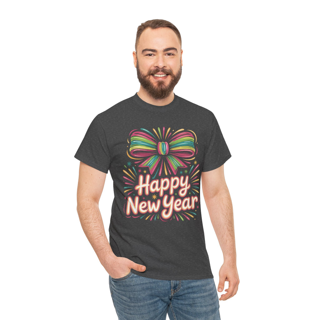 Happy New Year Pastel Tee — Rainbow Bow & Fireworks Celebration Unisex Cotton Tshirt