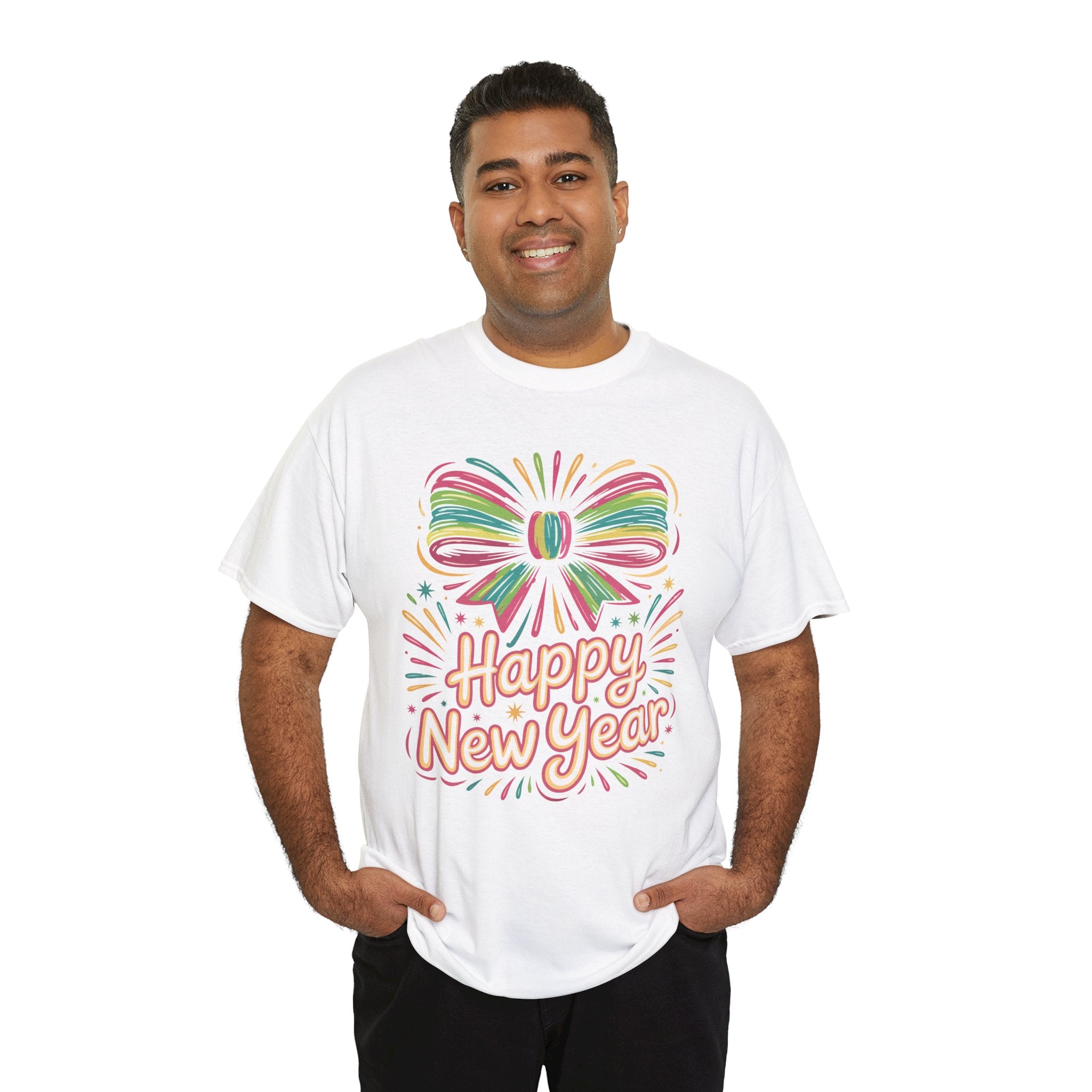 Happy New Year Pastel Tee — Rainbow Bow & Fireworks Celebration Unisex Cotton Tshirt