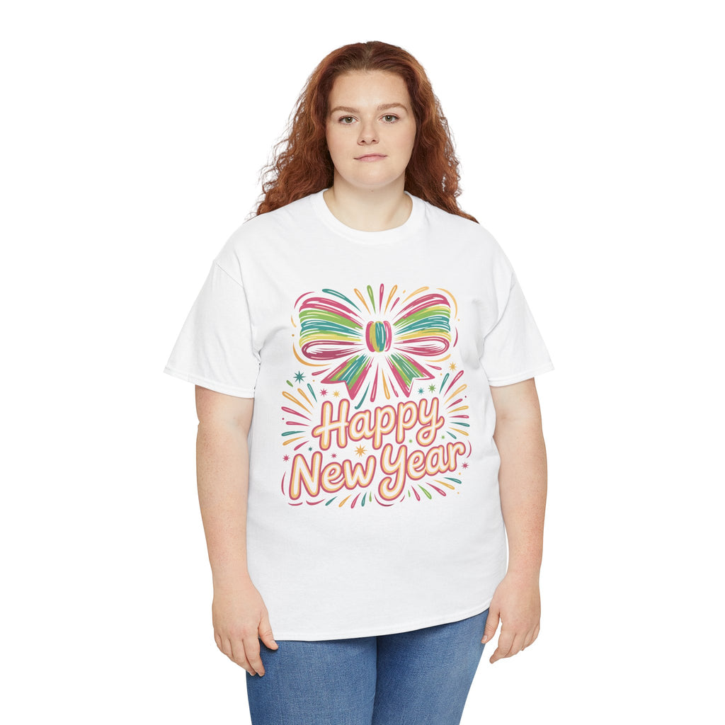 Happy New Year Pastel Tee — Rainbow Bow & Fireworks Celebration Unisex Cotton Tshirt