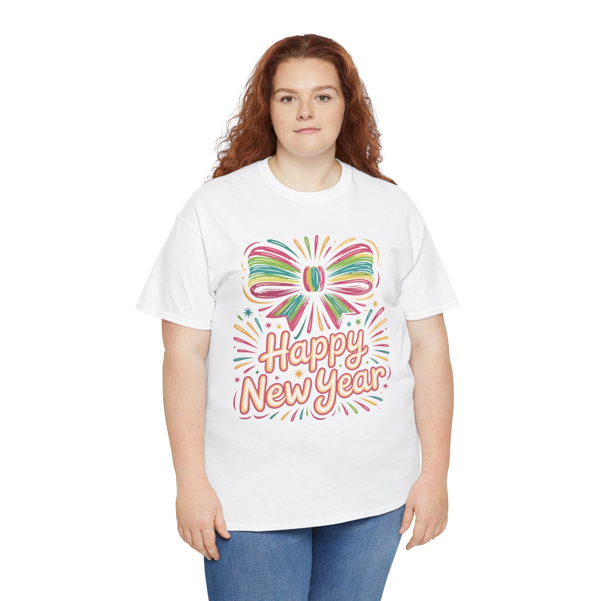Happy New Year Pastel Tee — Rainbow Bow & Fireworks Celebration Unisex Cotton Tshirt