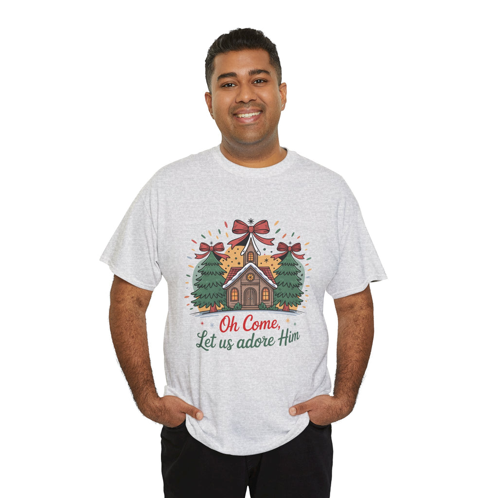 Oh Come Let Us Adore Him Christmas Tee — Church & Trees Holiday Unisex Cotton Tshirt