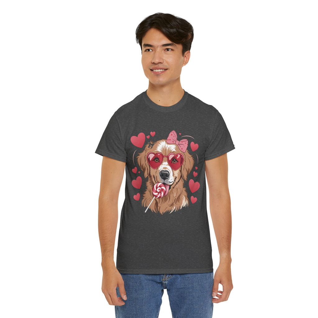 Valentine Dog T-Shirt — Cute Pup with Heart Glasses, Pink Bow & Lollipop..Unisex Cotton Tee