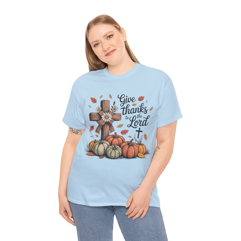 Give Thanks to the Lord Autumn Tee — Wooden Cross, Pumpkins & Daisies..Unisex Cotton Tee