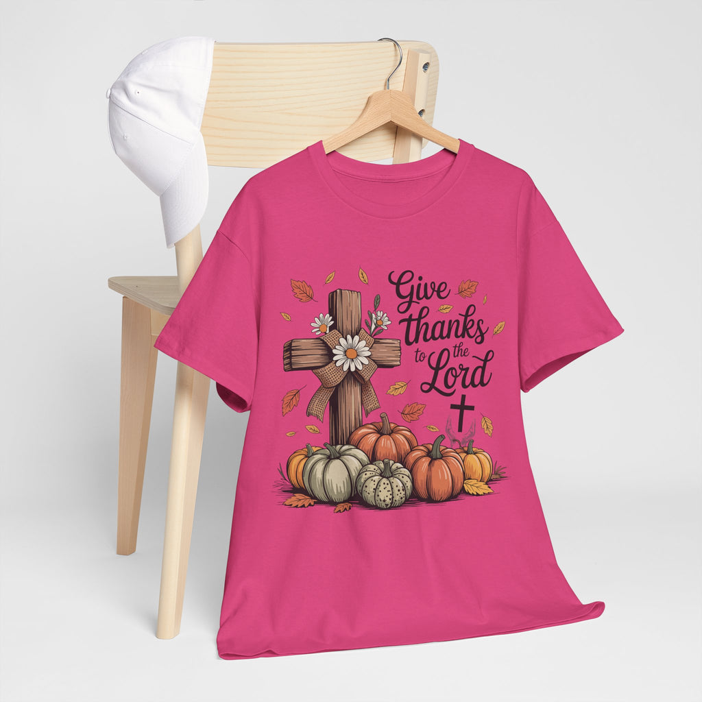 Give Thanks to the Lord Autumn Tee — Wooden Cross, Pumpkins & Daisies..Unisex Cotton Tee
