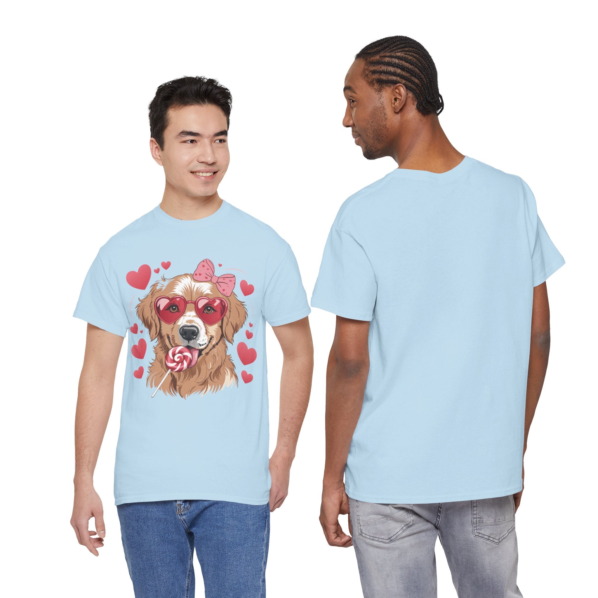 Valentine Dog T-Shirt — Cute Pup with Heart Glasses, Pink Bow & Lollipop..Unisex Cotton Tee