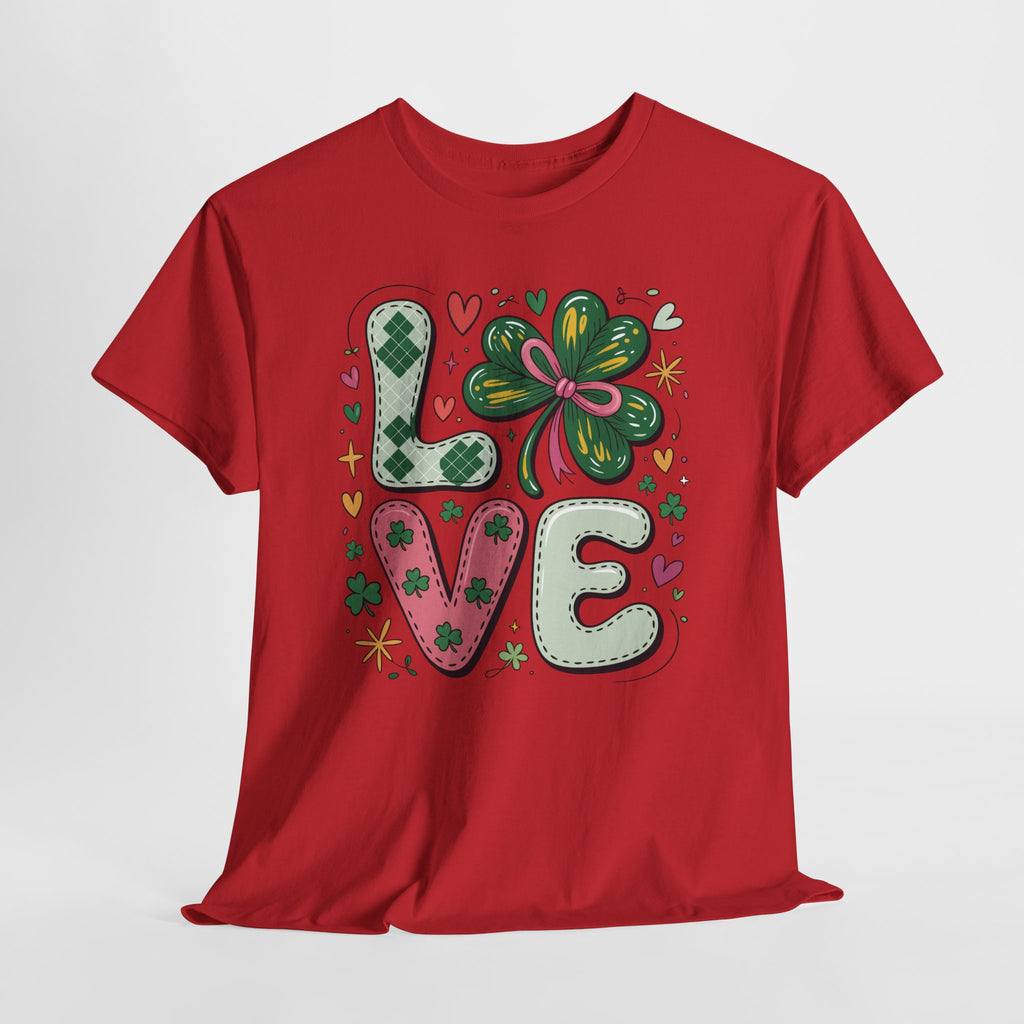 Stitched Clover 'LOVE' Tee — Heart & Patchwork St. Patrick's Unisex Cotton T-Shirt