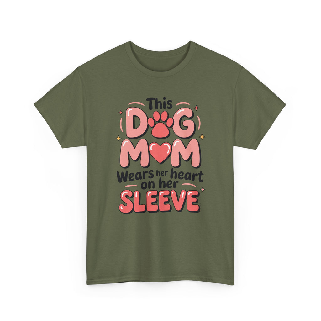 Dog Mom T-Shirt — "This Dog Mom Wears Her Heart on Her Sleeve" Paw & Heart Unisex Cotton Tee