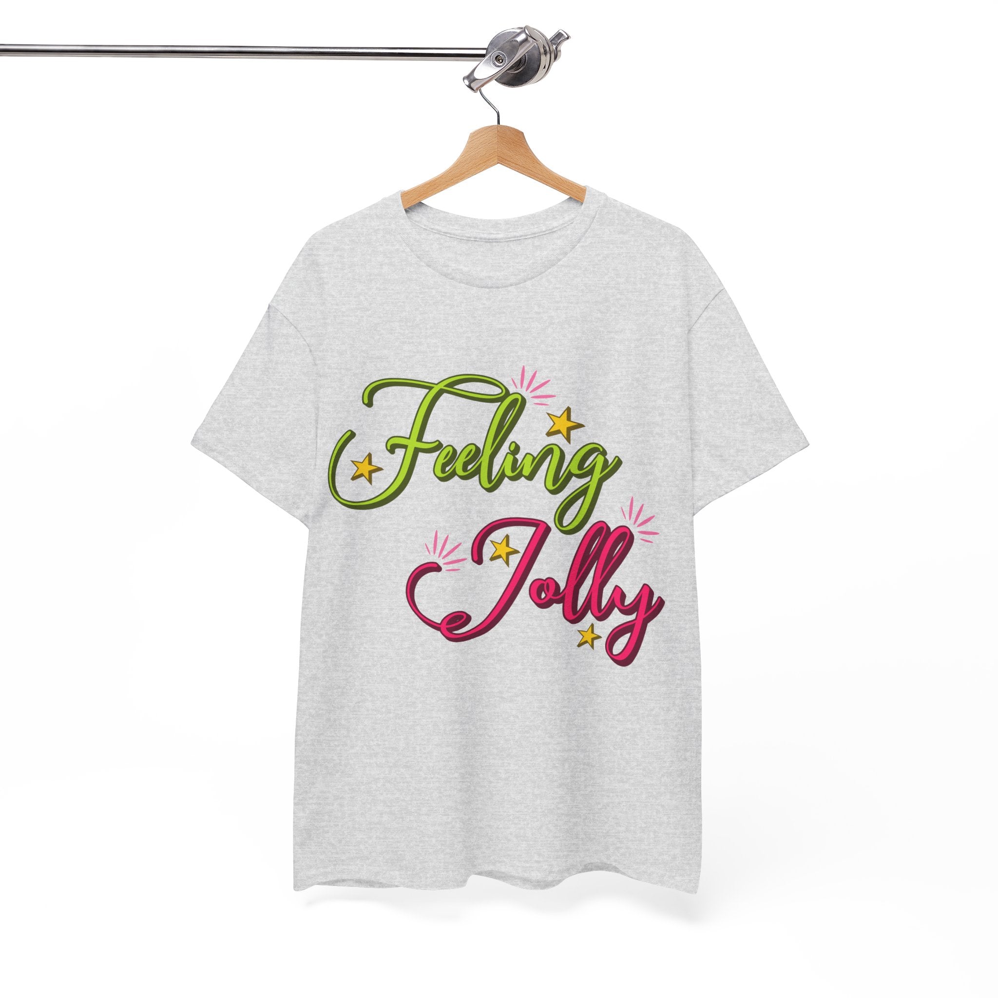 Feeling Jolly Tee — Festive Green & Pink Script with Yellow Stars Unisex Cotton Tee