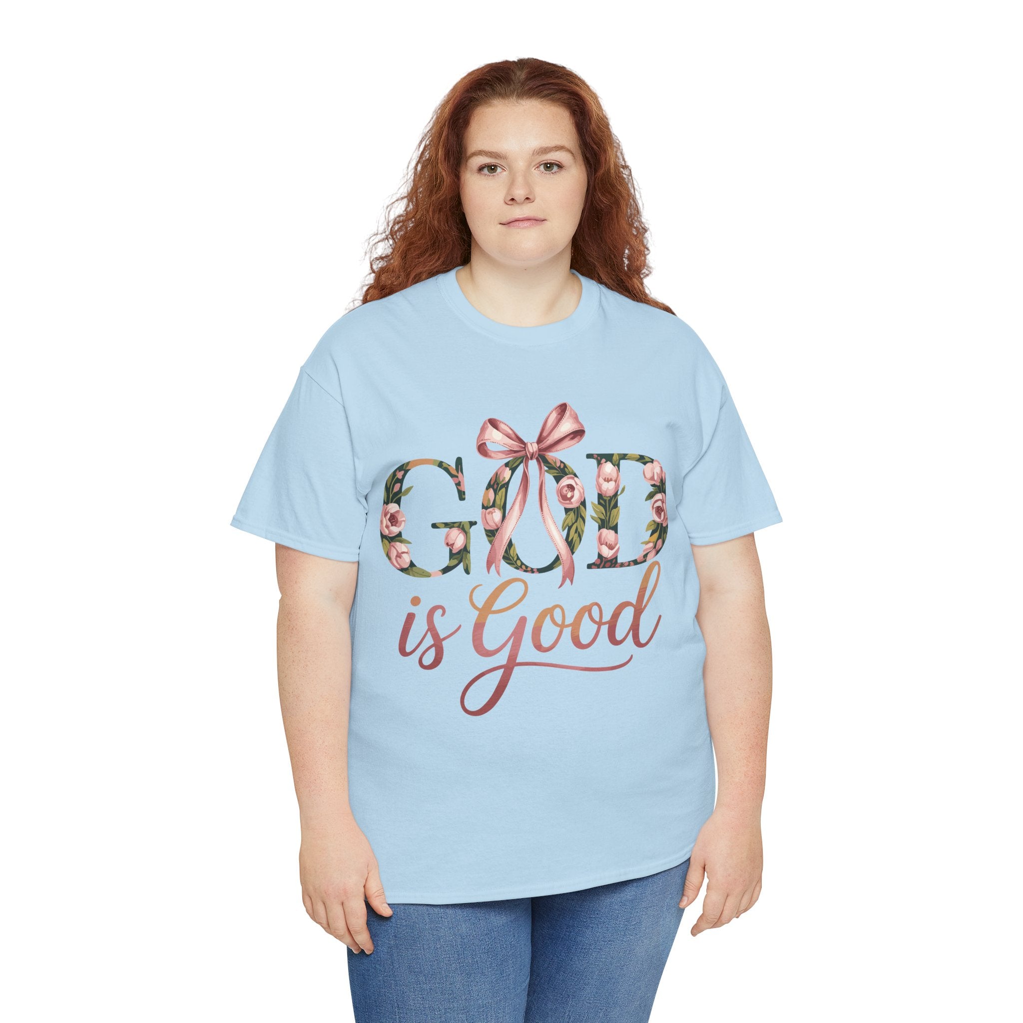 God Is Good Pink Rose Tee — Floral Ribbon Faith Unisex Cotton T-Shirt