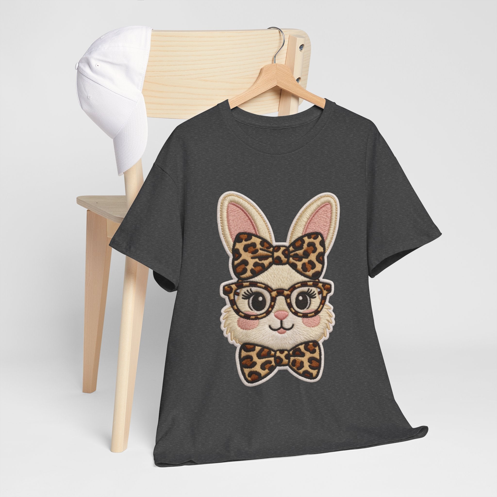 Leopard Bow Bunny Embroidered Tee — Cute Bunny Face with Glasses Patch Unisex Cotton Tee