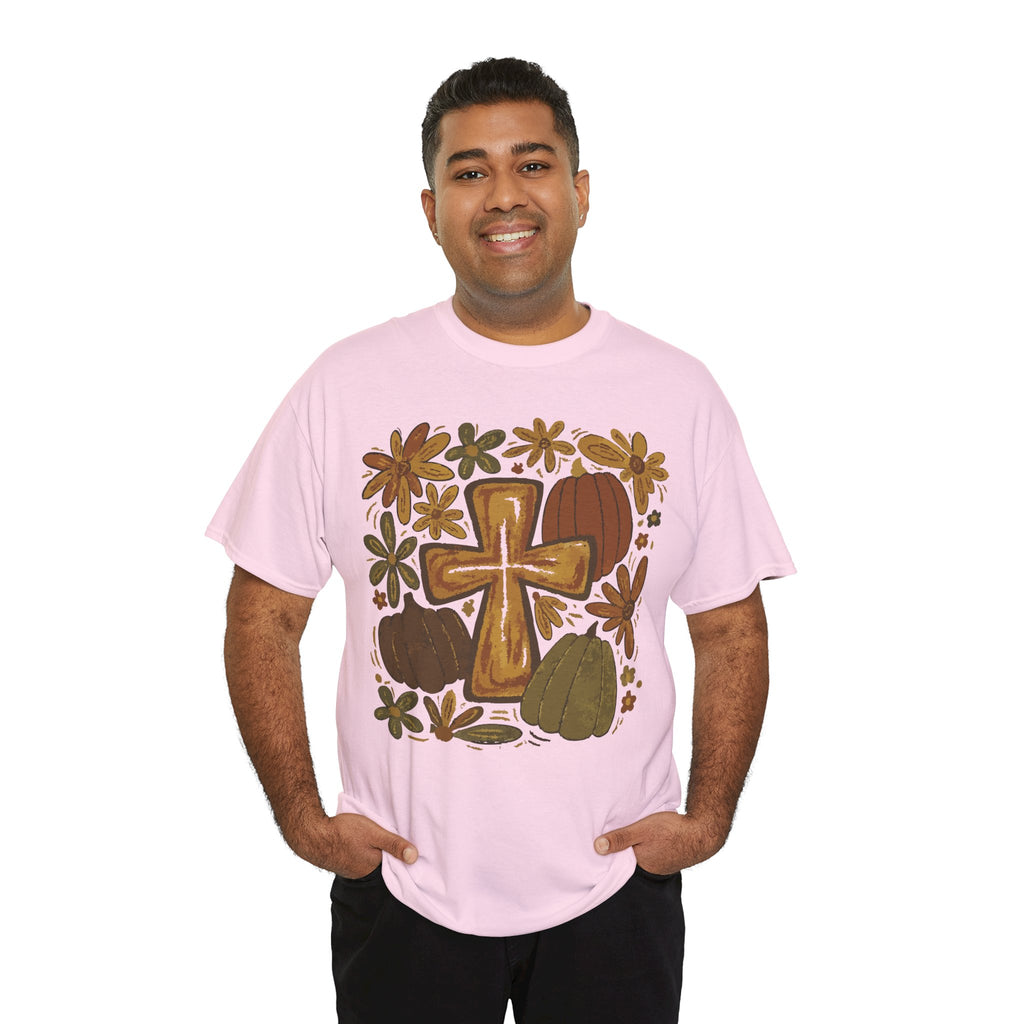 Autumn Cross Tee — Rustic Pumpkin & Fall Floral Christian Unisaex Cotton T-Shirt