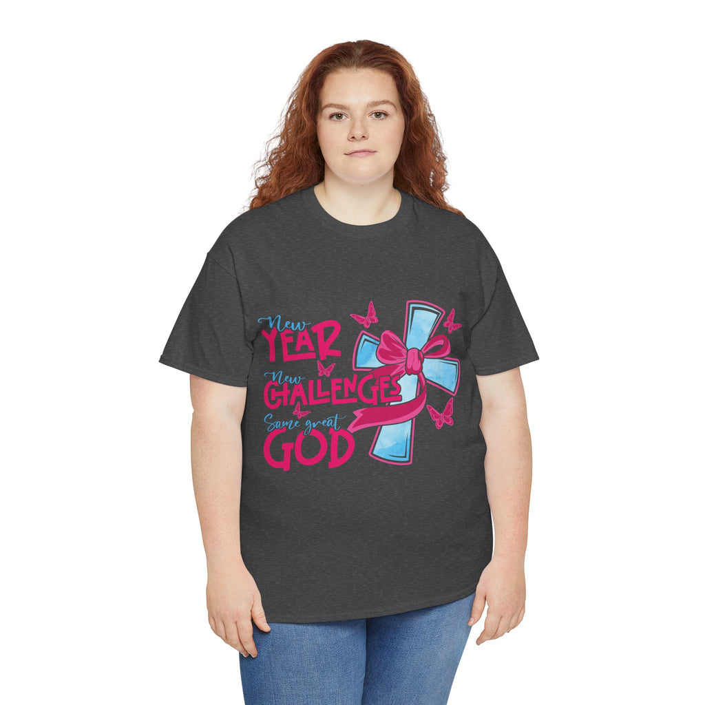 Christian T-Shirt — “New Year, New Challenges, Same Great God” with Pink Bow Cross & Butterflies. Unisex Cotton Tee