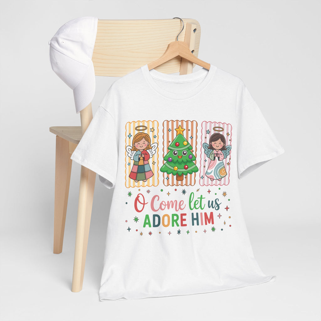 O Come Let Us Adore Him Christmas Tee — Smiling Angels & Happy Tree..Unisex Cotton Tee