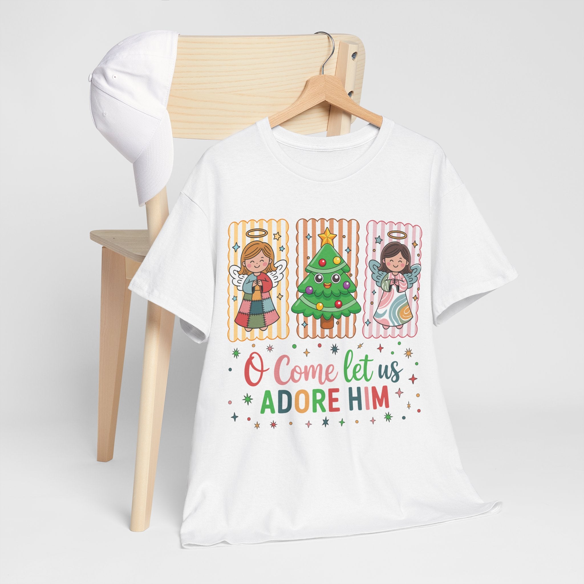 O Come Let Us Adore Him Christmas Tee — Smiling Angels & Happy Tree..Unisex Cotton Tee