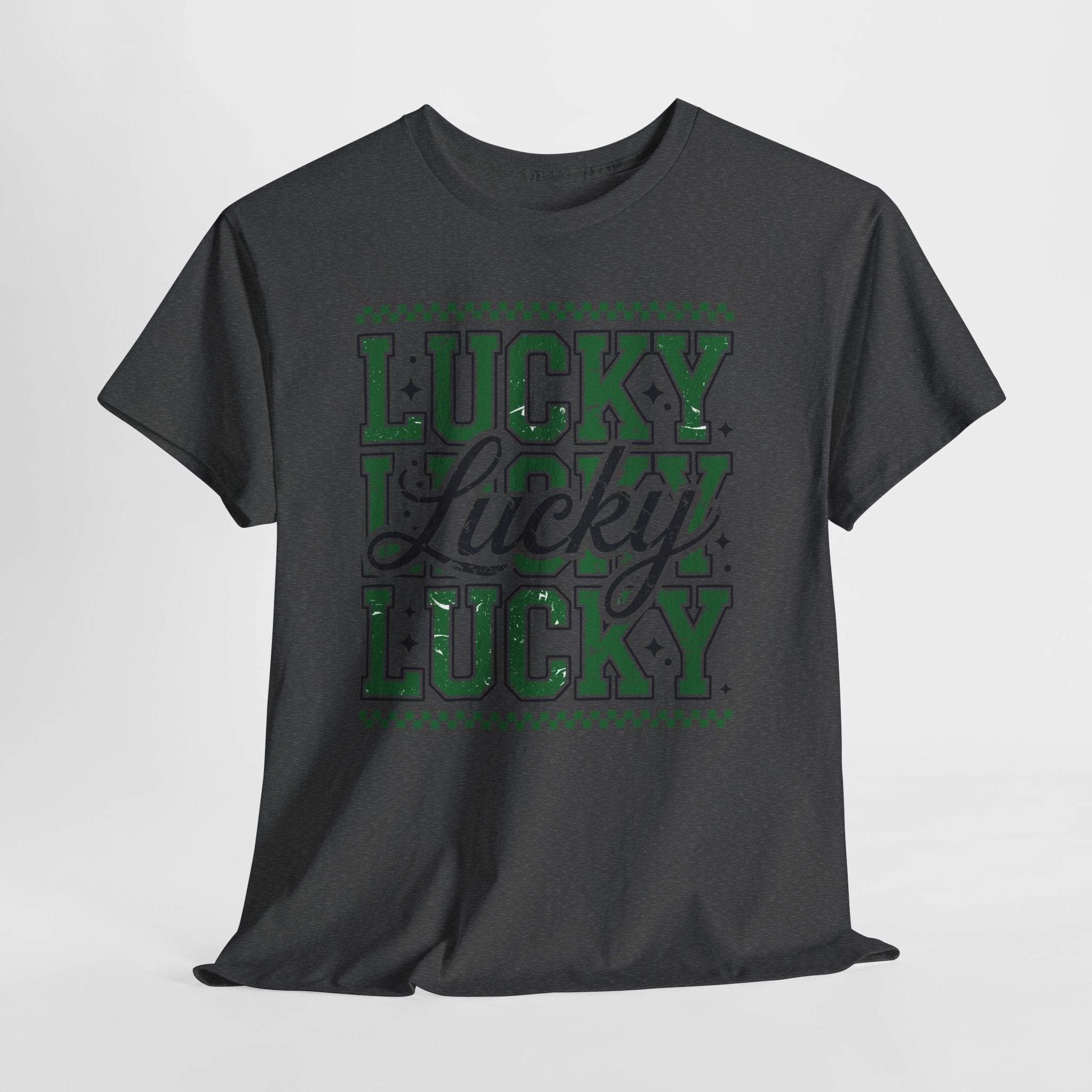 Lucky Varsity Tee — Layered Green ‘Lucky’ Graphic Unisex Cotton Tee