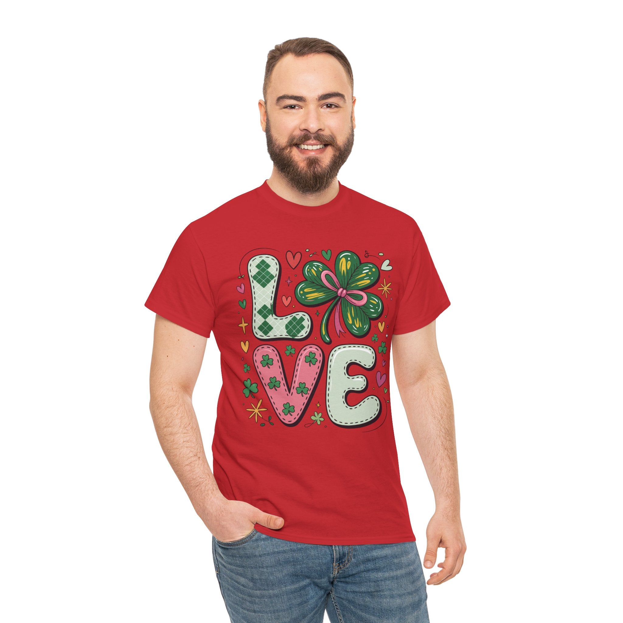 Stitched Clover 'LOVE' Tee — Heart & Patchwork St. Patrick's Unisex Cotton T-Shirt