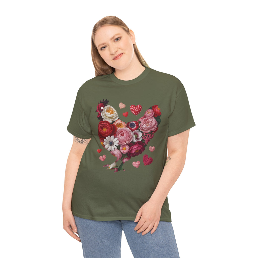 Floral Chicken Heart Tee — Red & Pink Flower Silhouette Unisex Cotton Tee