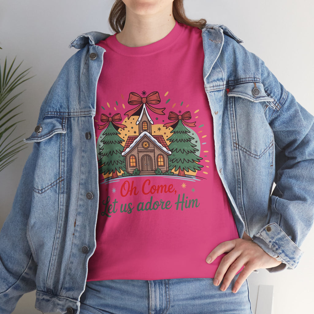 Oh Come Let Us Adore Him Christmas Tee — Church & Trees Holiday Unisex Cotton Tshirt