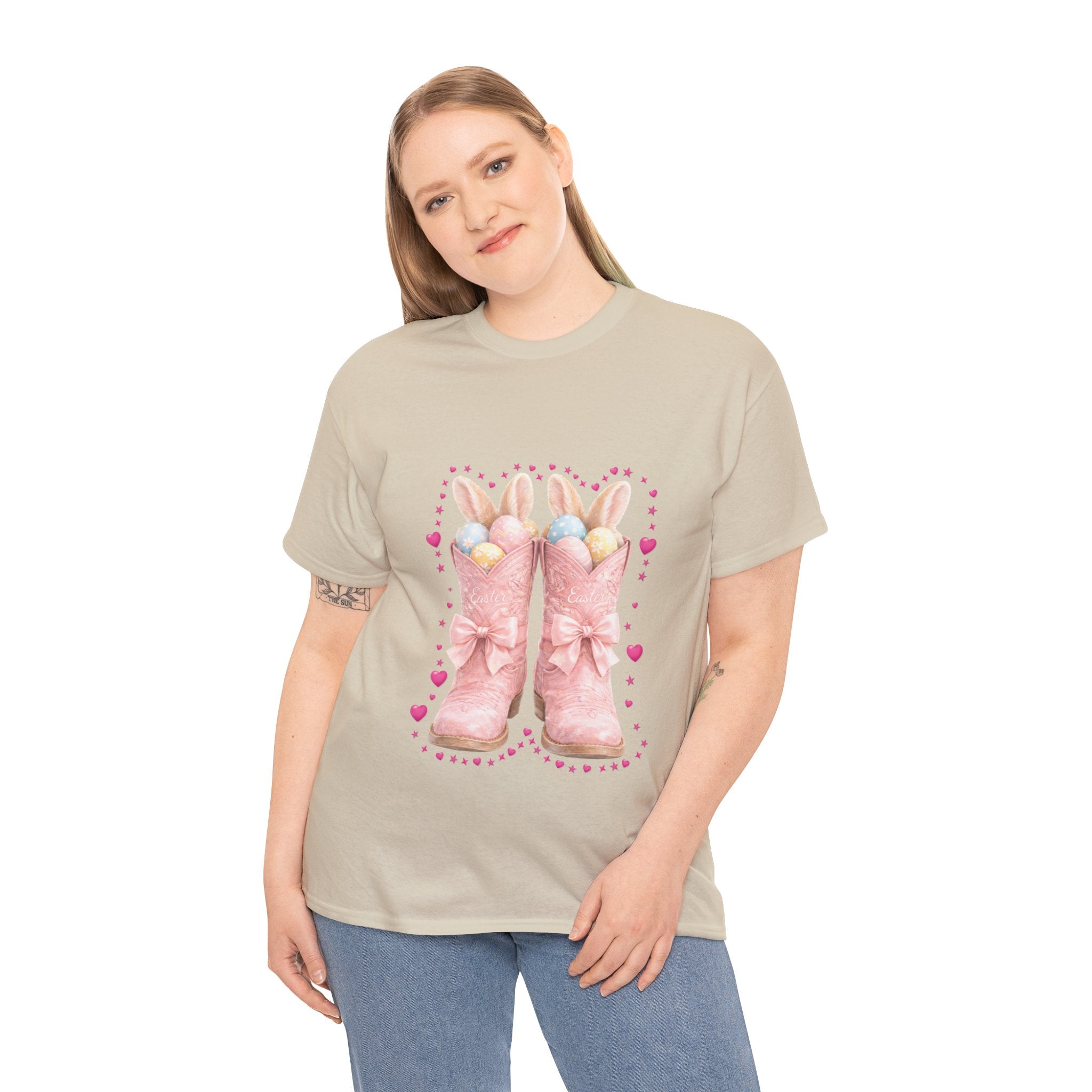 Easter Pink Western Boots Tee — Pastel Bunny Eggs & Bows Unisex Cotton Tee