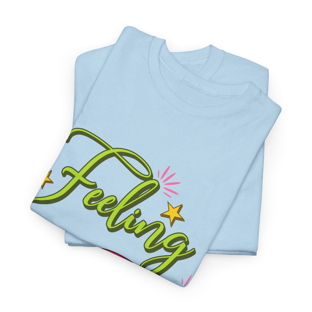 Feeling Jolly Tee — Festive Green & Pink Script with Yellow Stars Unisex Cotton Tee