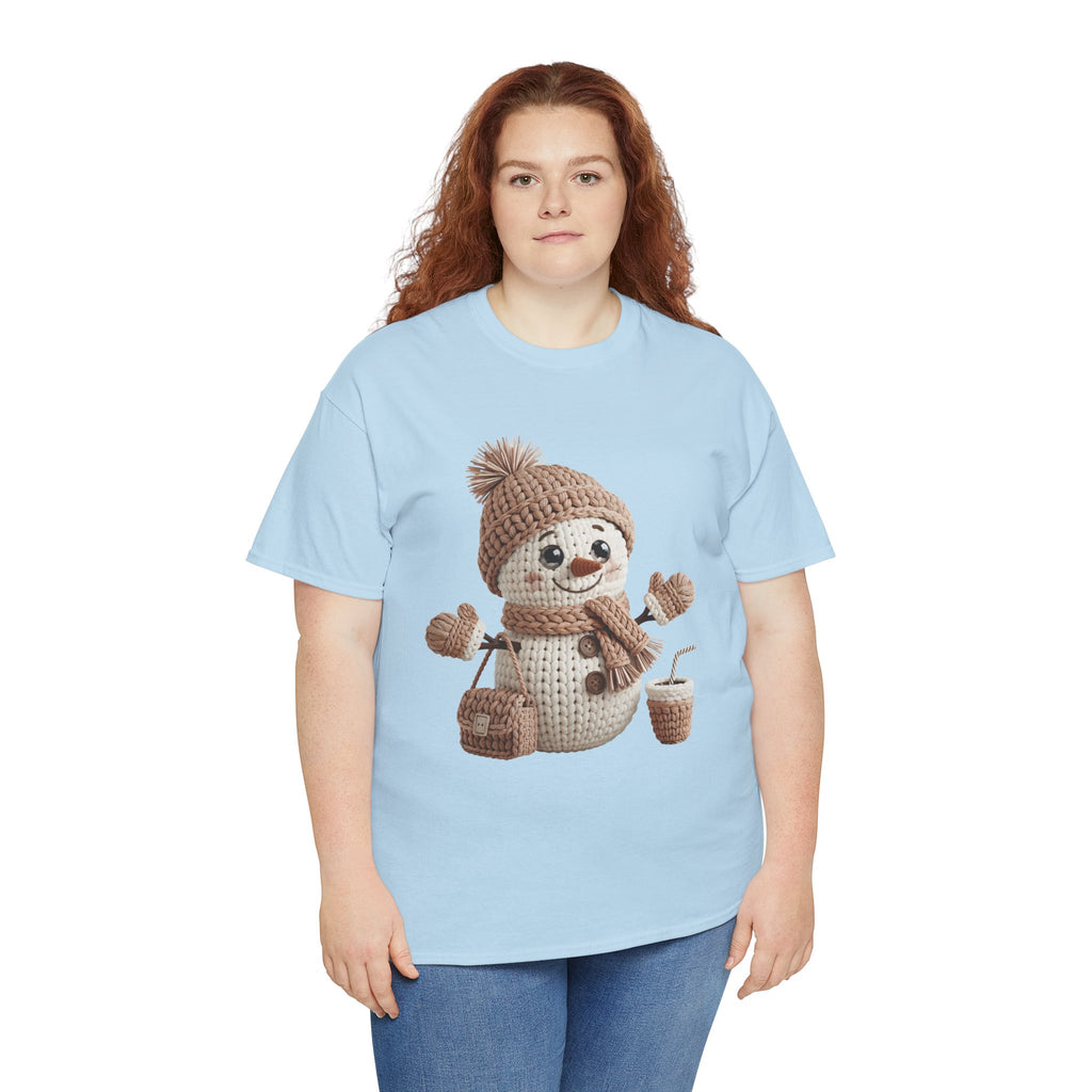 Snowman Knit‑Style Graphic Tee — Cute Faux‑Yarn Snowman with Hat, Scarf & Mittens.Unisex Cotton Tee