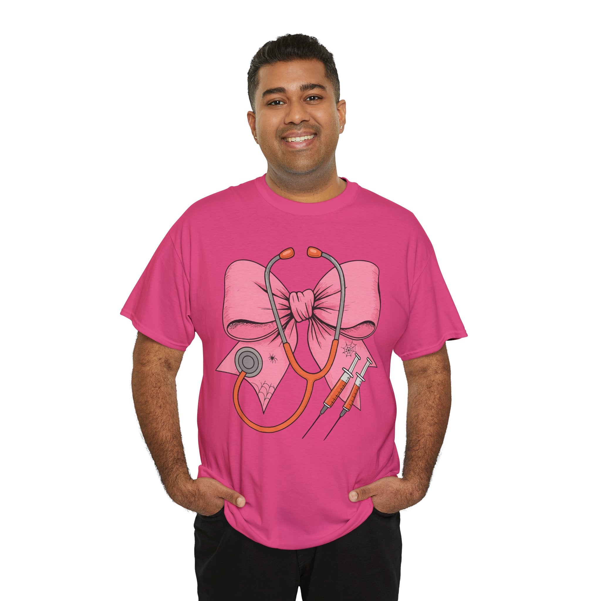 Halloween Nurse T‑Shirt — Pink Nurse Bow with Stethoscope, Syringes & Spider Webs..Unisex Cotton Tee