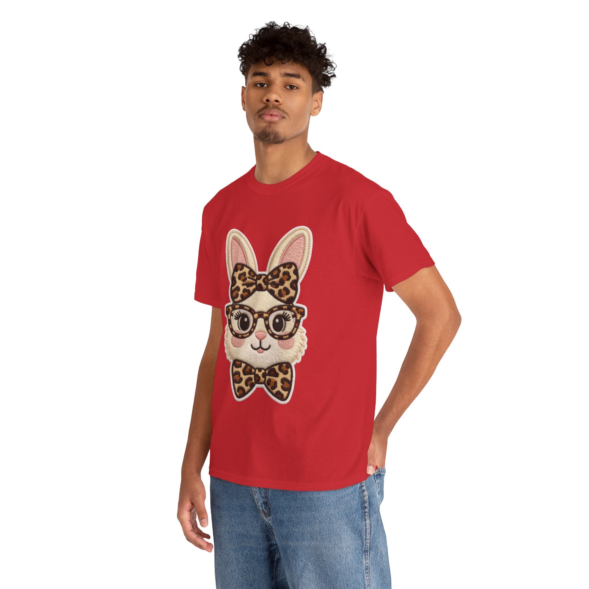 Leopard Bow Bunny Embroidered Tee — Cute Bunny Face with Glasses Patch Unisex Cotton Tee