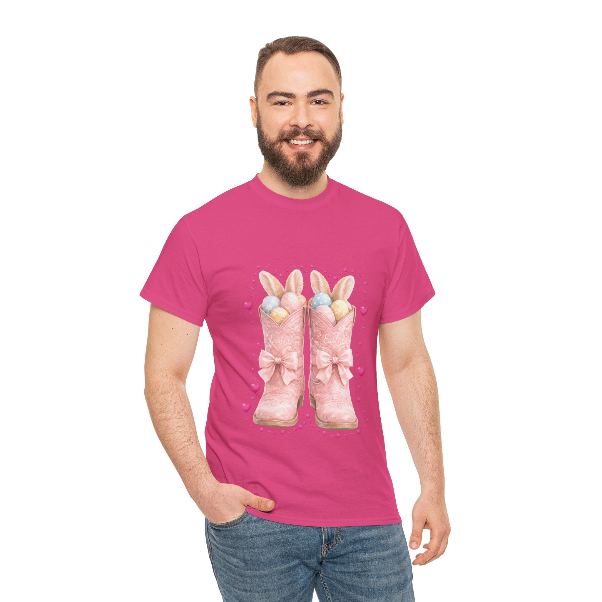 Easter Pink Western Boots Tee — Pastel Bunny Eggs & Bows Unisex Cotton Tee