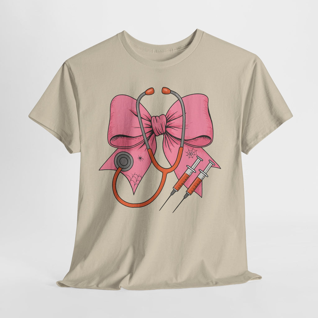Halloween Nurse T‑Shirt — Pink Nurse Bow with Stethoscope, Syringes & Spider Webs..Unisex Cotton Tee