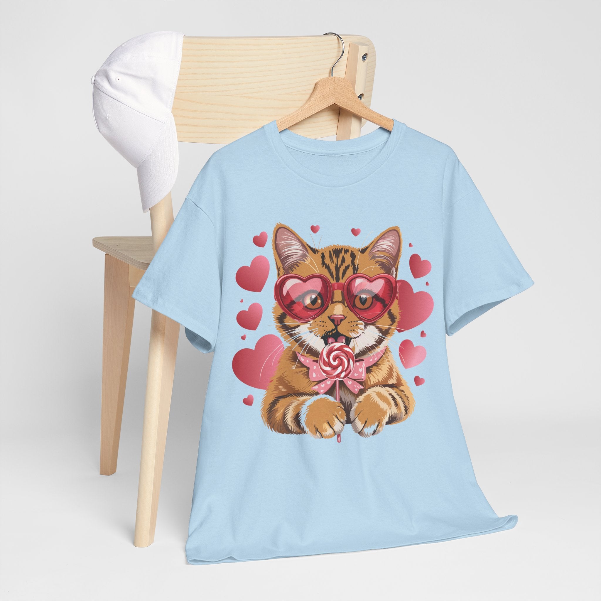 Valentine Cat Tee — Heart Glasses, Lollipop Bow Unisex Cotton Tee