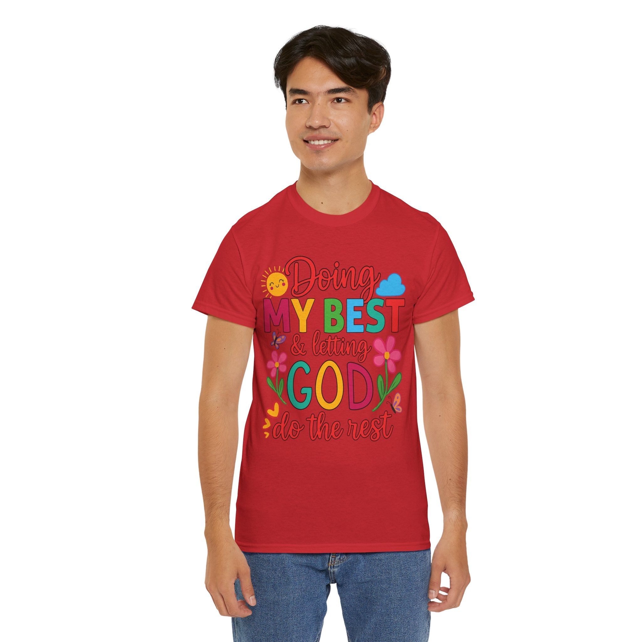 Doing My Best & Letting God Do The Rest T-Shirt — Floral Sun & Butterflies Inspirational Unisex Cotton Tee