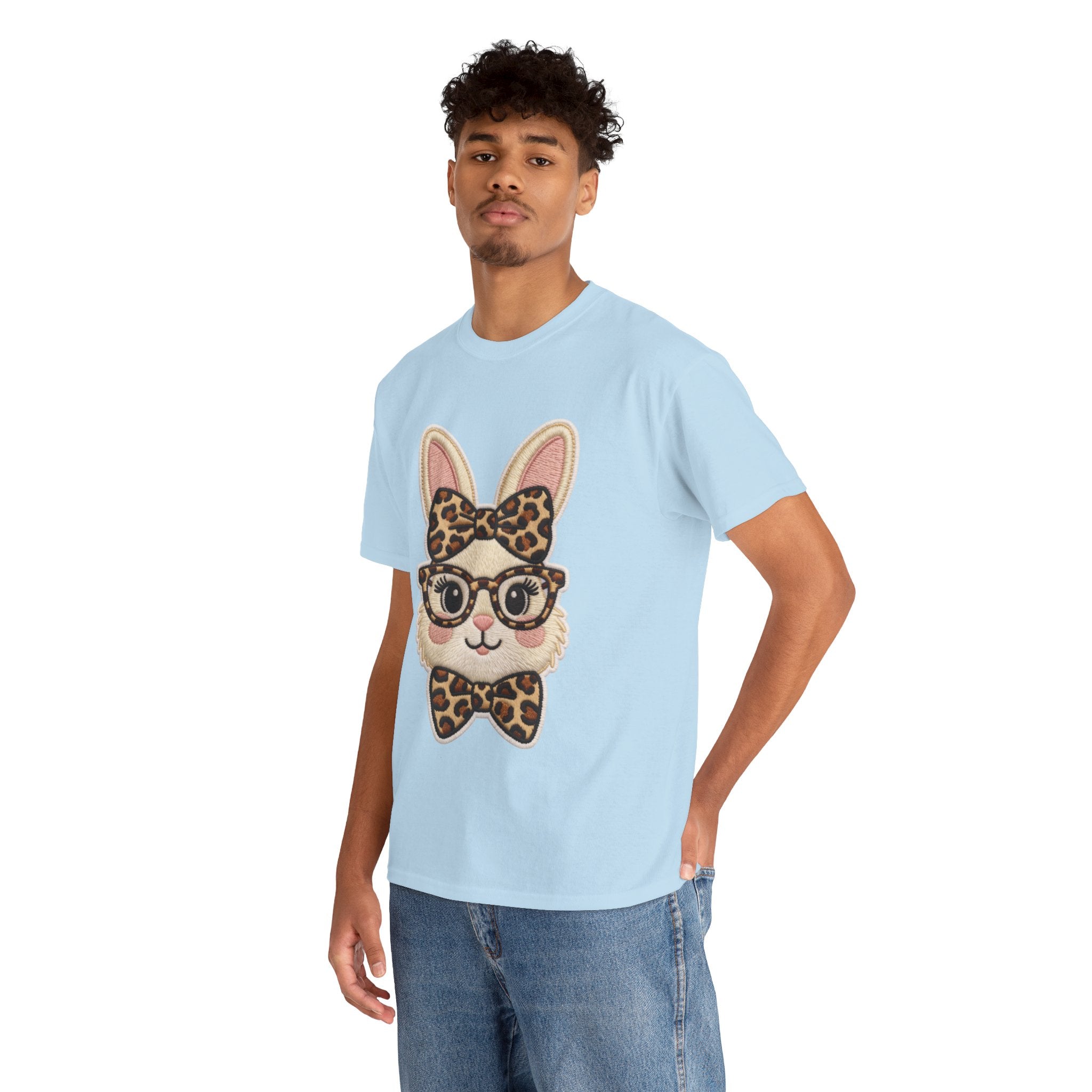 Leopard Bow Bunny Embroidered Tee — Cute Bunny Face with Glasses Patch Unisex Cotton Tee