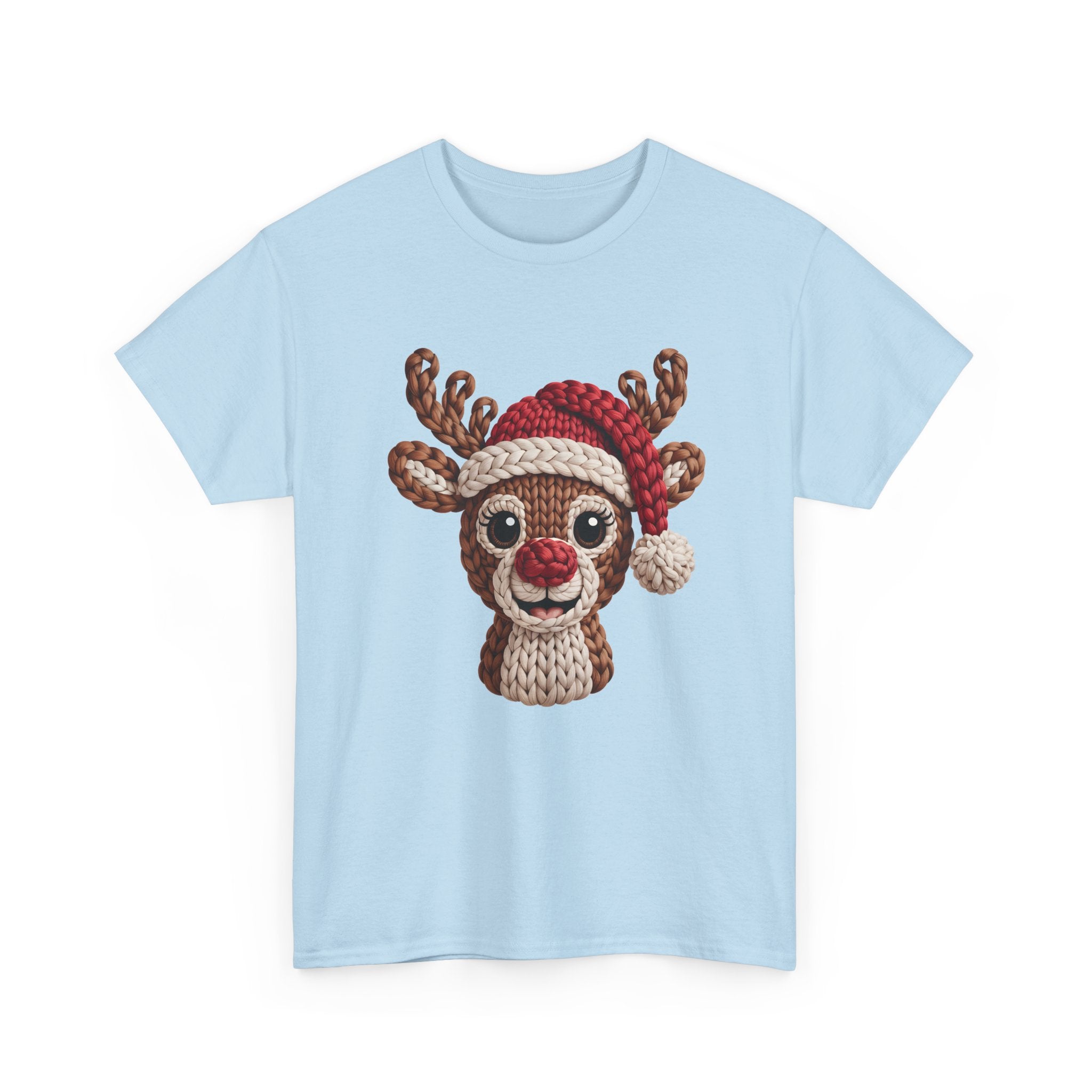 Reindeer in Santa Hat Cotton Tee — Joyful Faux-Yarn Holiday Unisex Coton T-Shirt