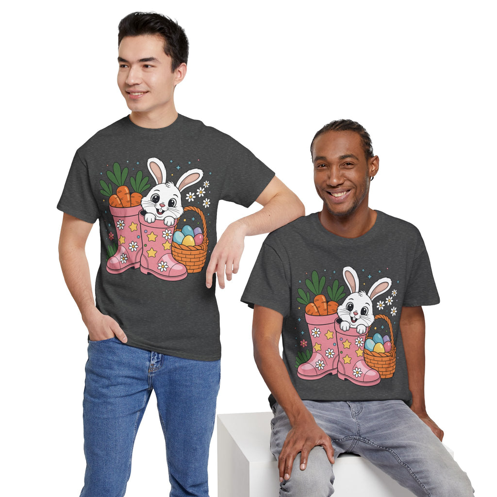 Easter Bunny in Pink Rain Boots T-Shirt — Cartoon Bunny, Carrots & Colorful Eggs Unisex Cotton Tee