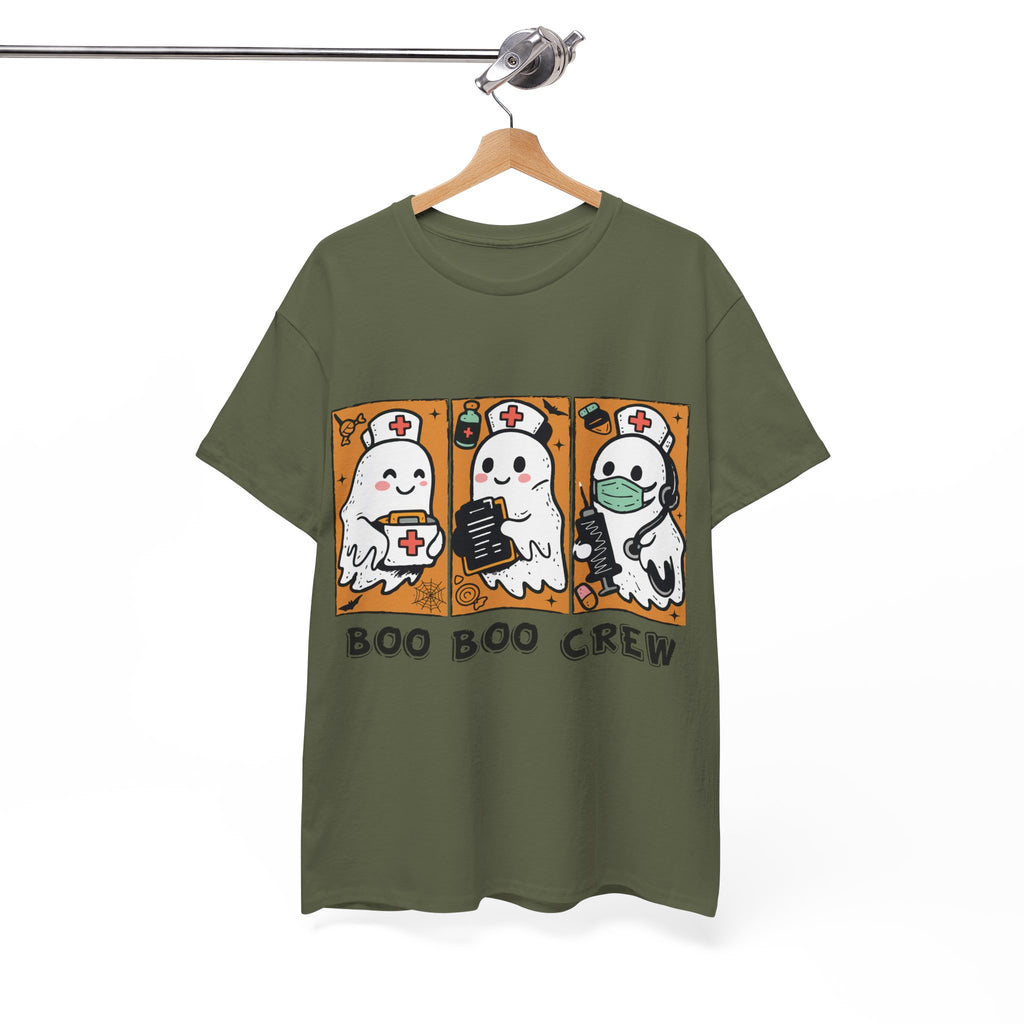 Halloween Nurse T-Shirt — Ghost Nurses Holding Medical Tools on Orange Unisec Cotton Tee