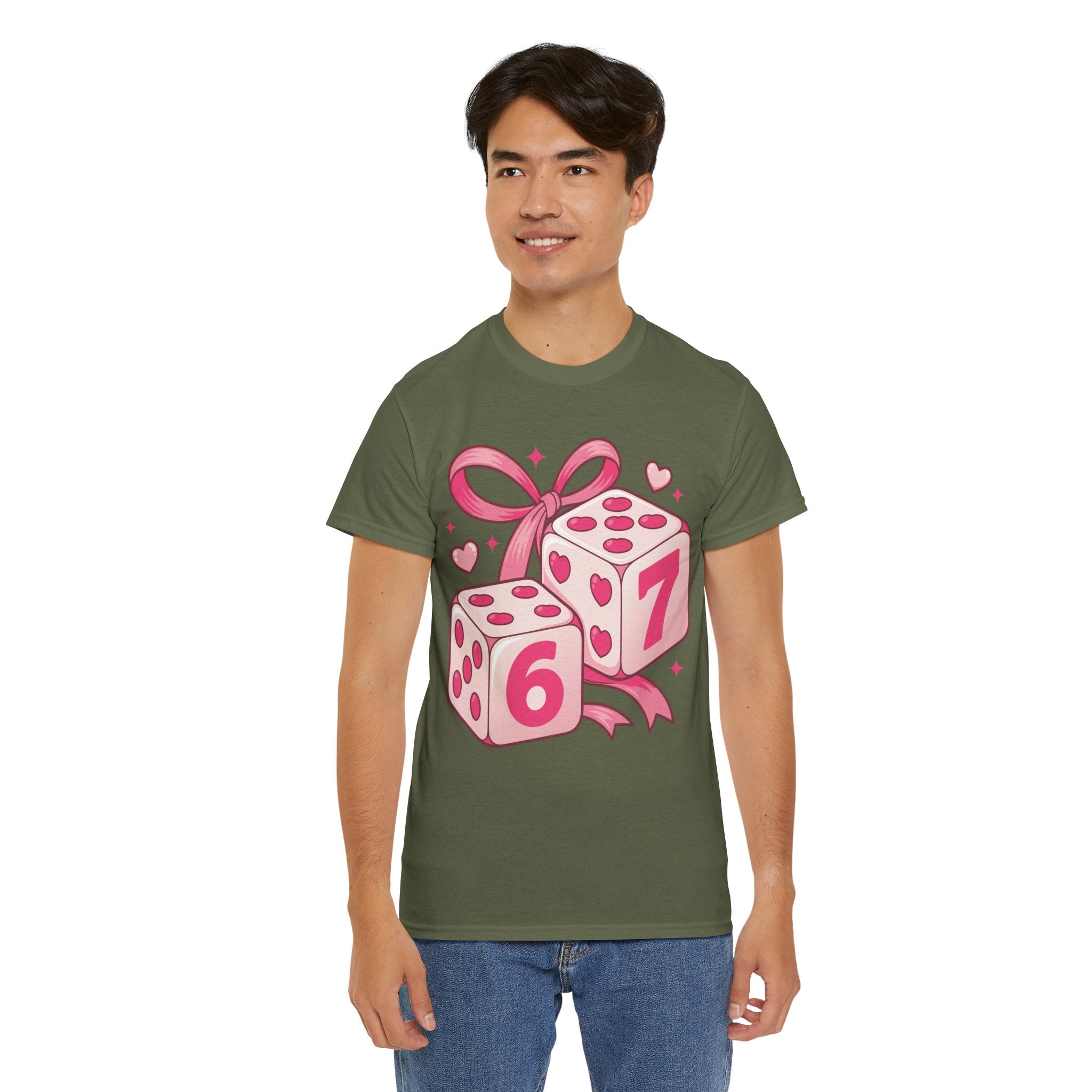 Lucky Love Dice T-Shirt — Pink Heart Dice with Bow..Unisex Cotton Tee