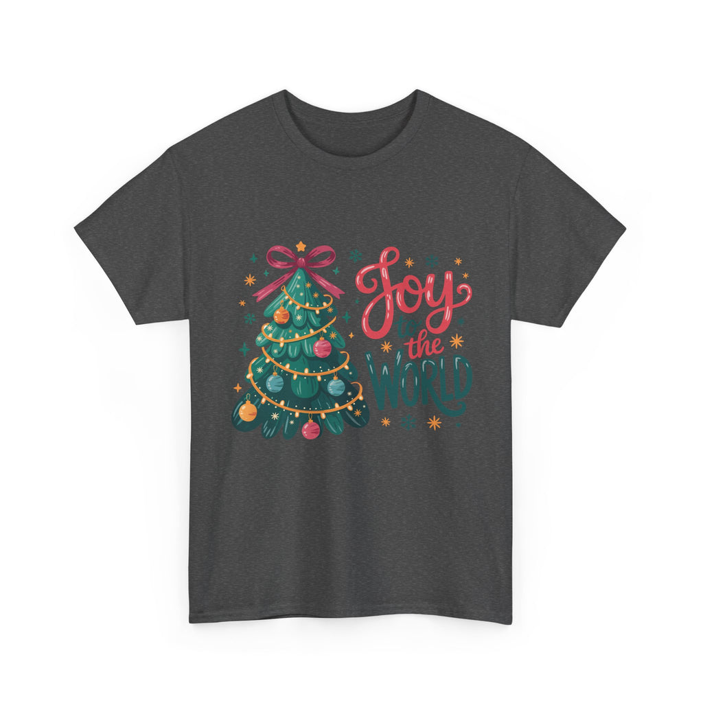Joy to the World Christmas Tee — Festive Tree with Pink Bow..Unisex Cotton Tee