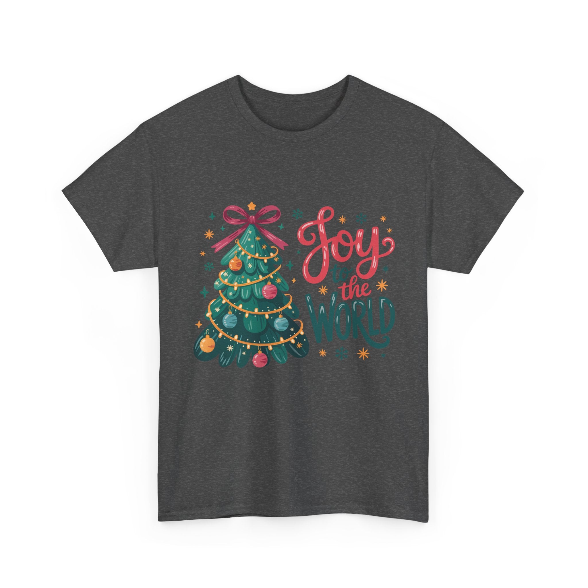 Joy to the World Christmas Tee — Festive Tree with Pink Bow..Unisex Cotton Tee